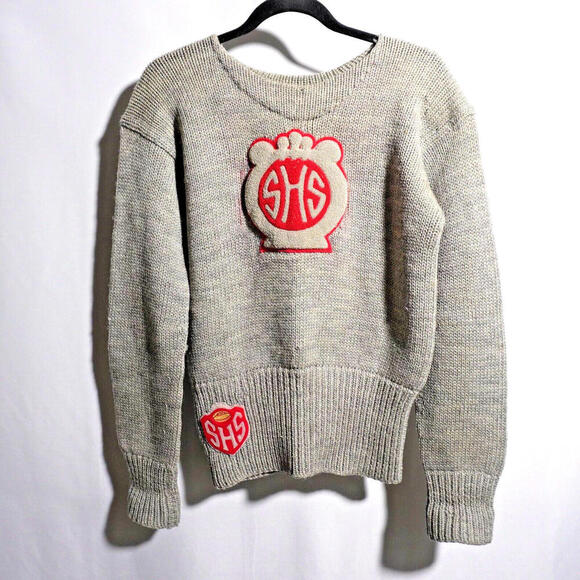 Vintage 50s 60s Letterman Jumper Sweater Gray Red SHS Knit FLAWS Preppy Academia